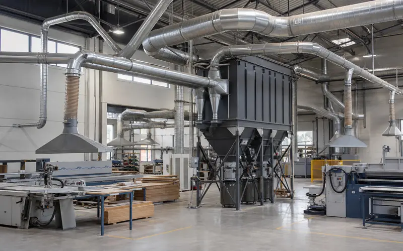 Dust collection hood and duct layout in workshop