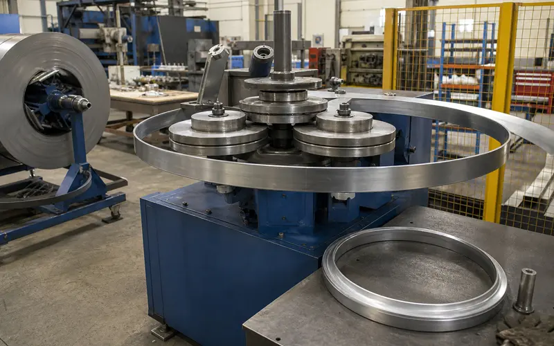 Fan flange forming equipment in HVAC workshop