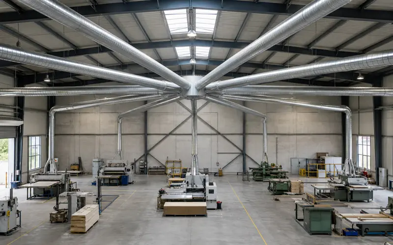 Radial duct system layout for industrial ventilation
