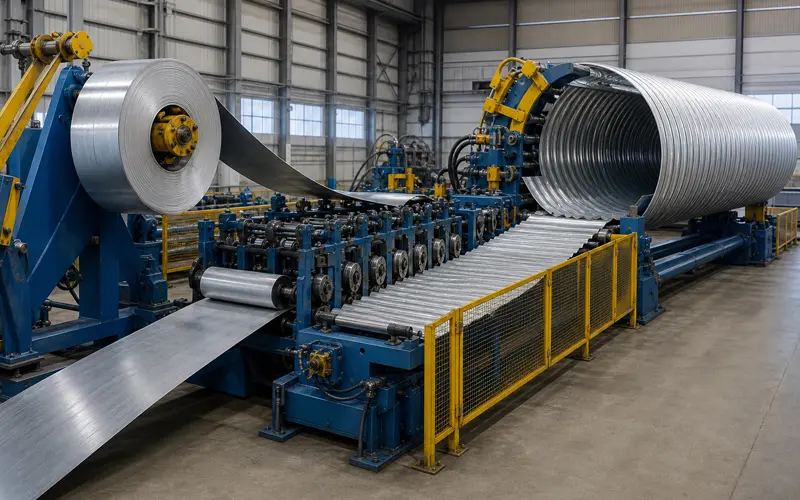 Steel coil feeding into spiral duct machine