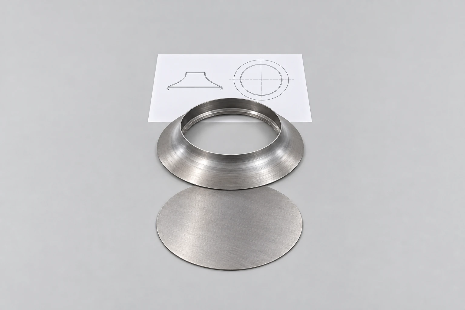 AI illustration of a spun fan component, separate circular blank and an outline drawing.