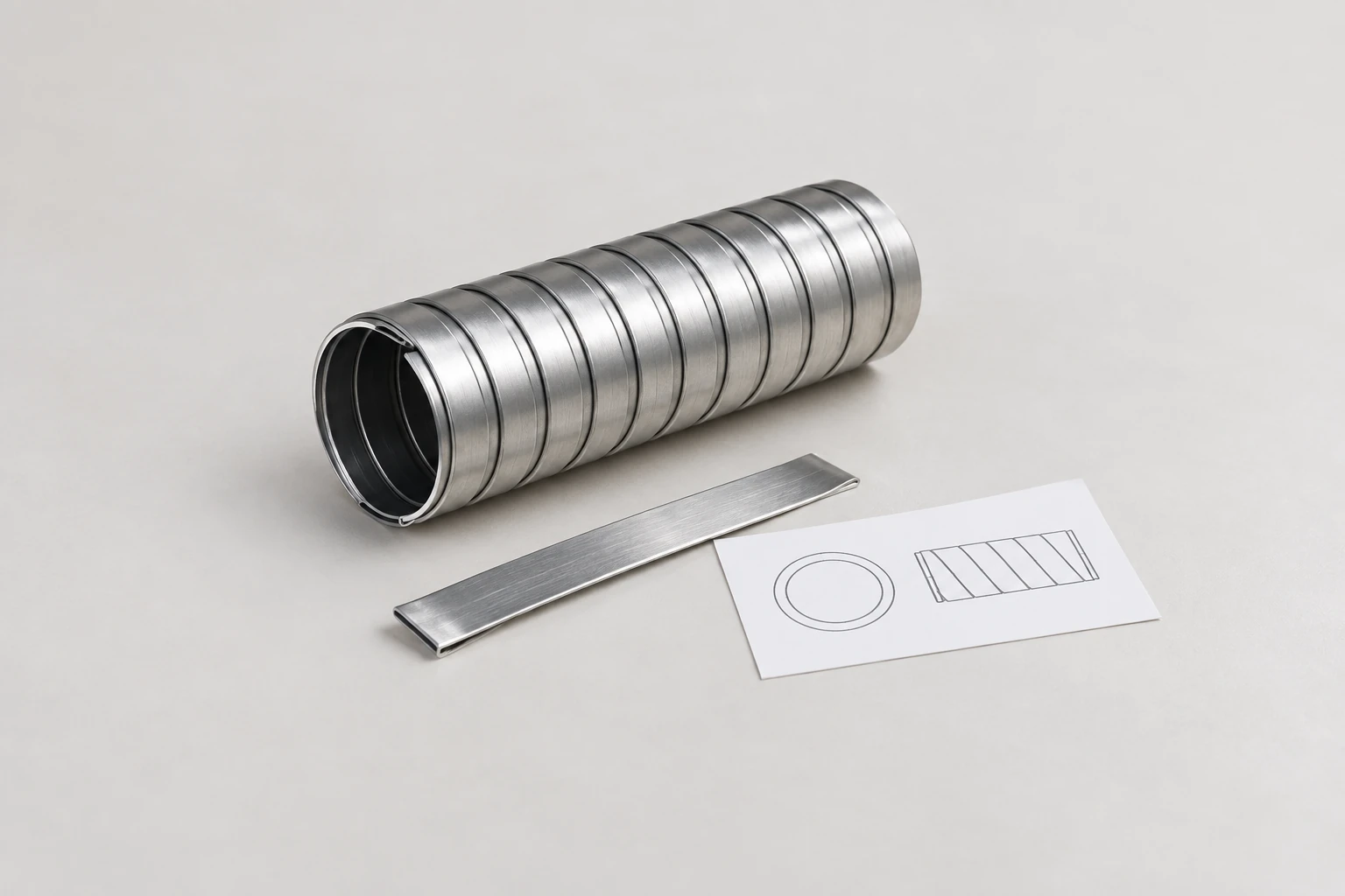 AI illustration of a stripwound hose sample, metal strip and simple section drawing for a machine inquiry.