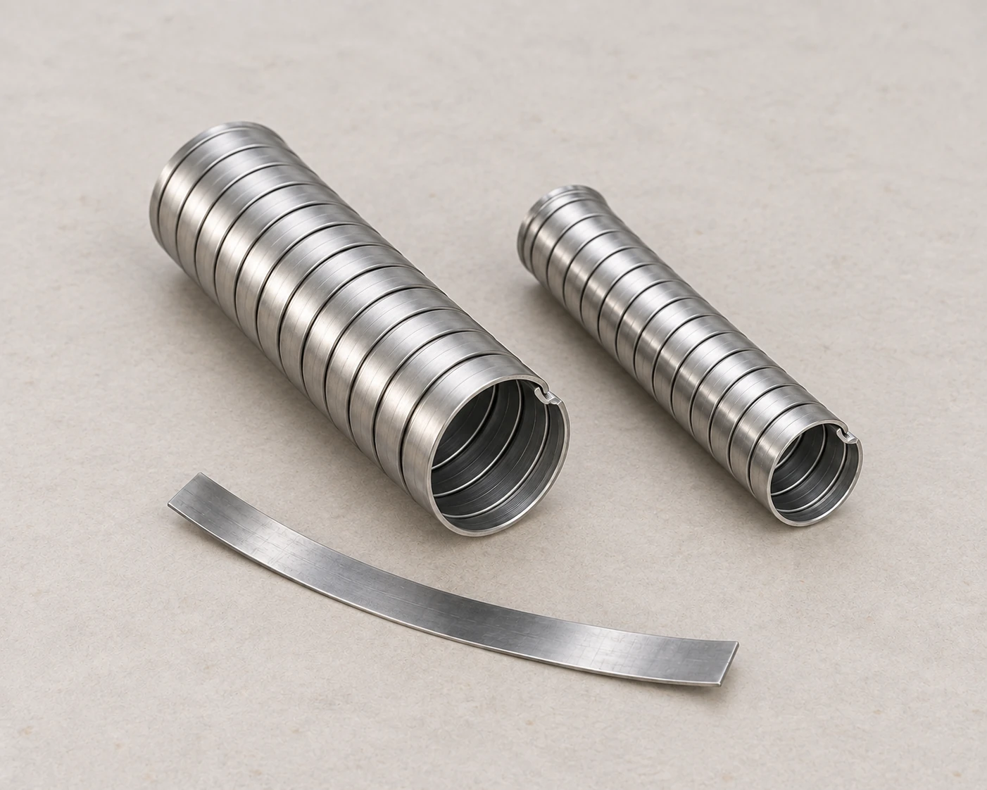 AI illustration of two stripwound metal hose samples and flat metal strip for reviewing hose wall construction.