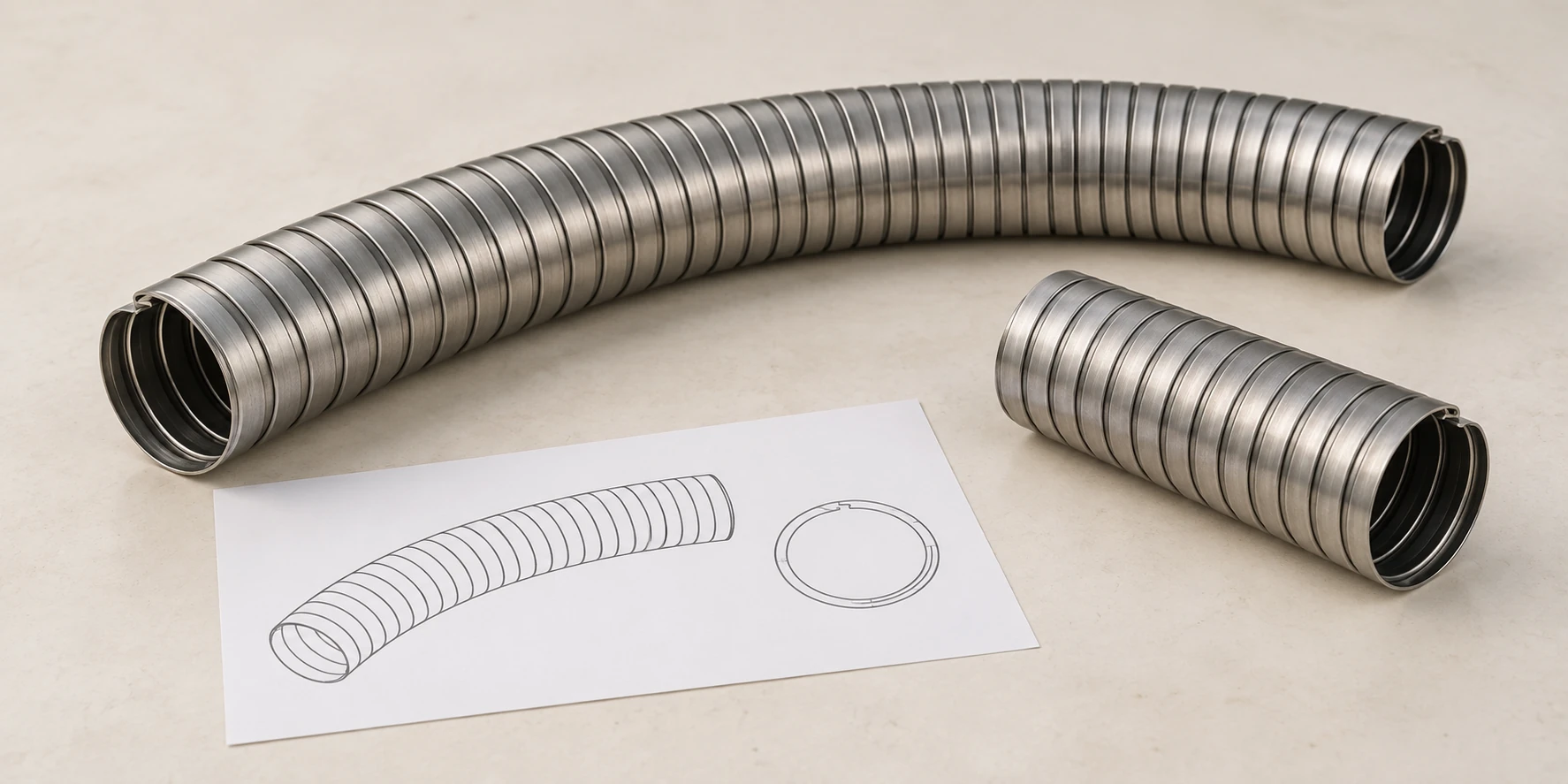 AI illustration of an open stripwound hose sample beside a short sample and unnumbered drawing for technical review.