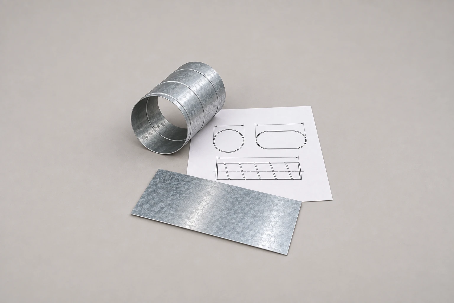 AI illustration of a short spiral duct sample, flat metal coupon and section drawing.