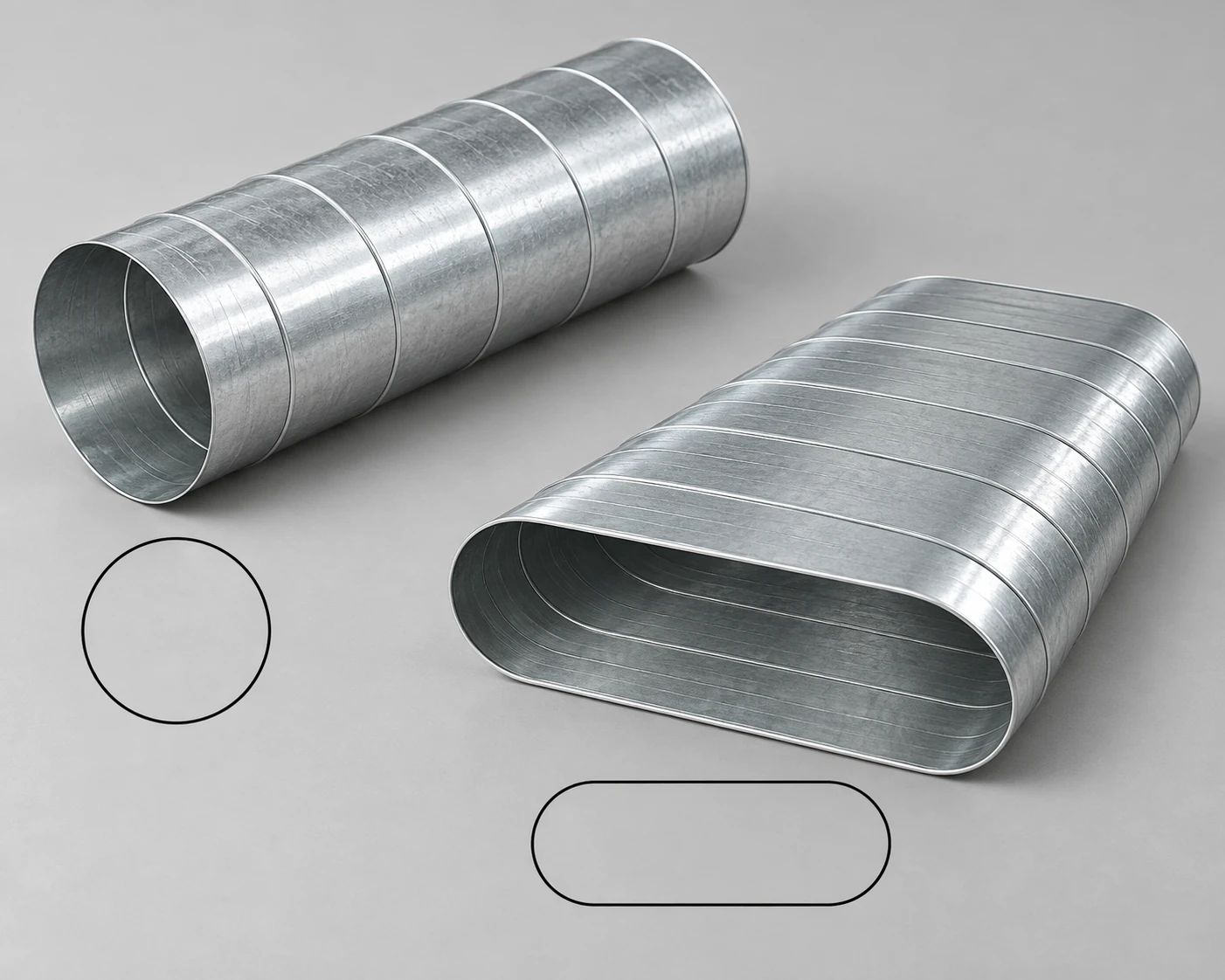 AI illustration comparing round and flat-oval spiral duct samples and section outlines.