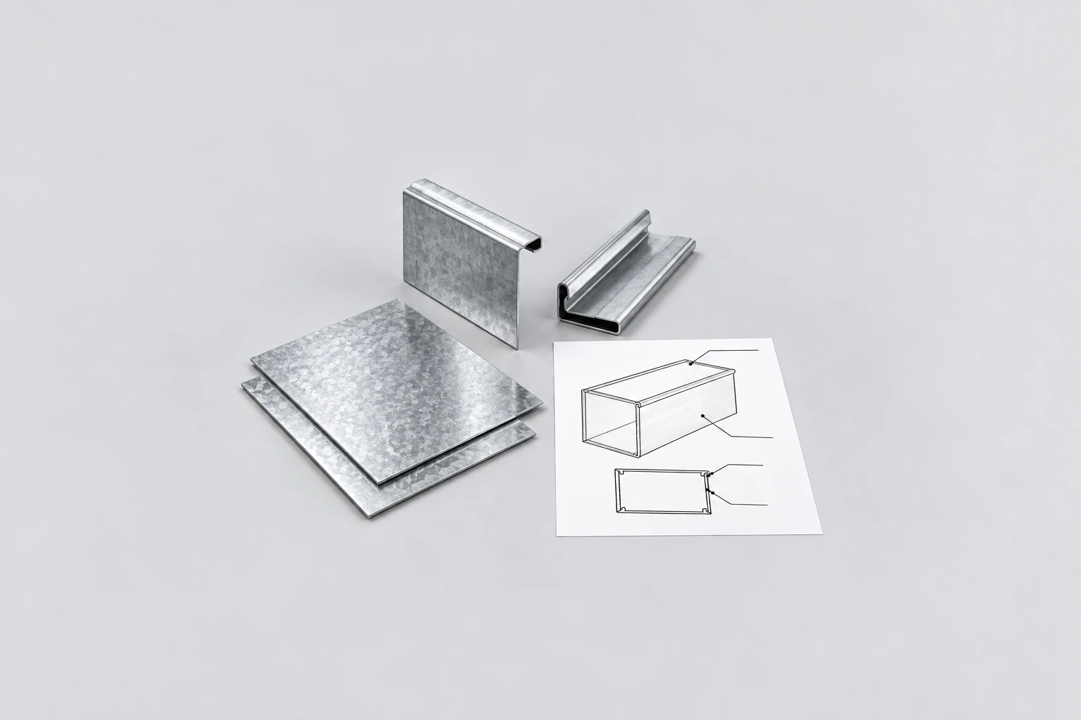 AI illustration of sheet material, folded duct profiles and an unlabelled component drawing.