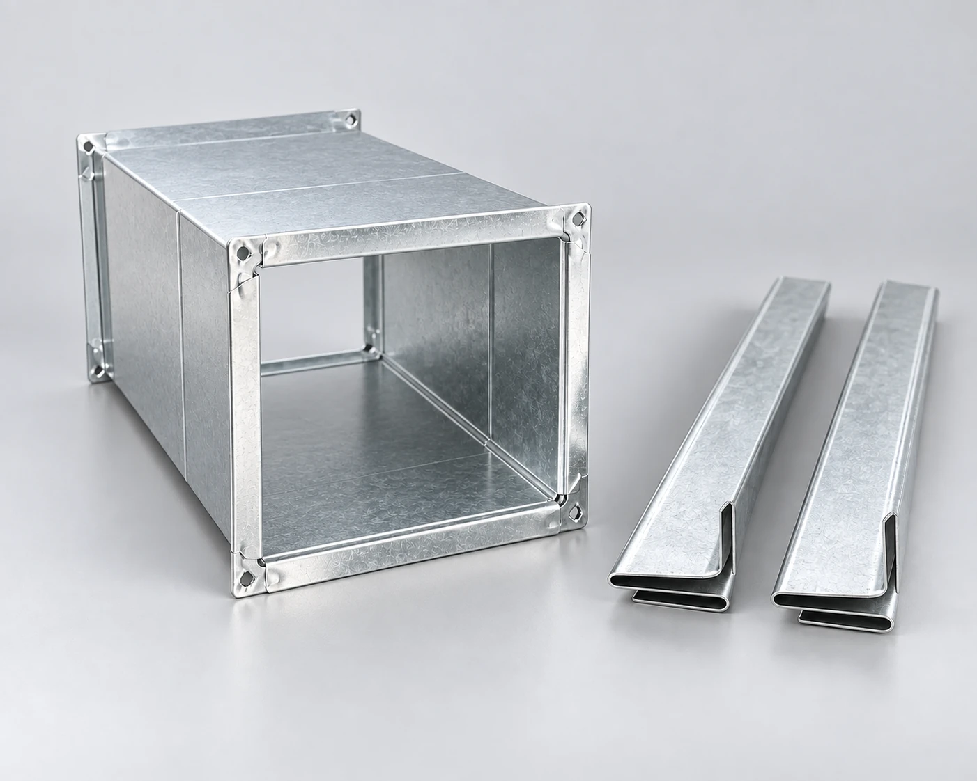 AI illustration of an open rectangular duct and separate folded connector profiles.