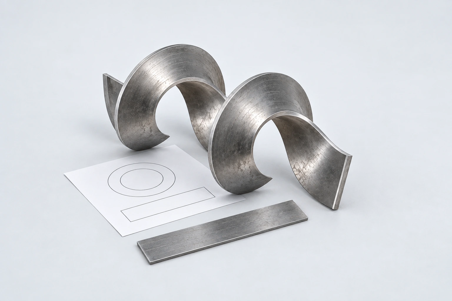 AI illustration of a short continuous-flight sample, steel strip and unnumbered geometry sketches for an equipment enquiry.
