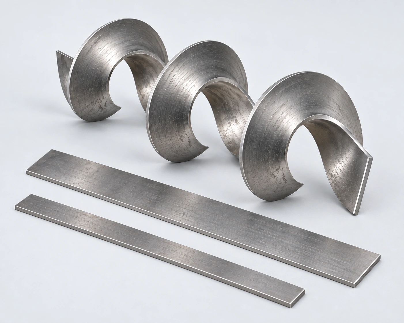 AI illustration of flat steel-strip coupons beside a formed continuous screw-flight sample for input and finished-geometry review.