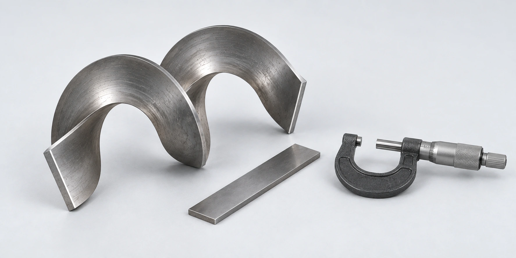 AI illustration of a continuous-flight sample, steel strip and a separate outside micrometer prepared for trial-measurement discussion.