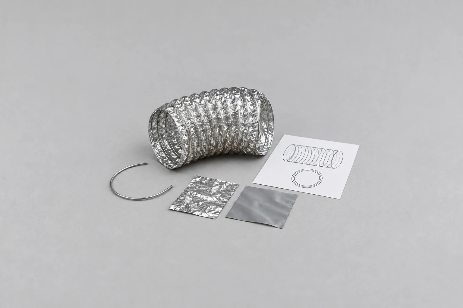 AI illustration of a foil duct sample, reinforcement wire, material swatches and a drawing.