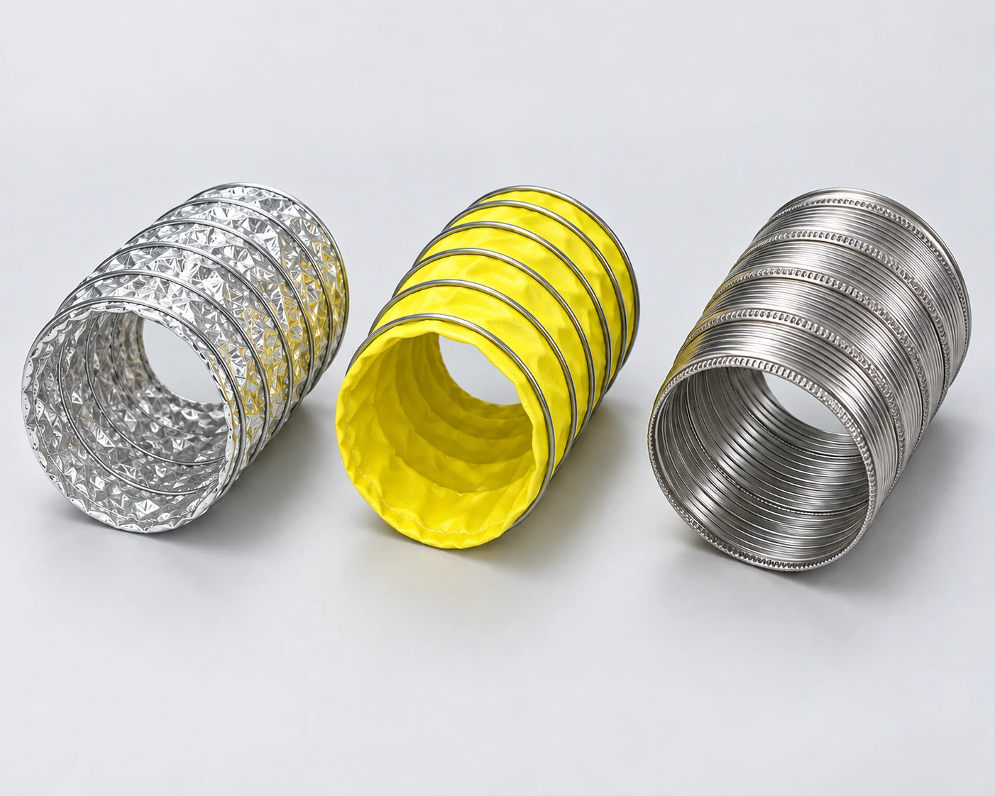 AI illustration comparing foil, clipped-fabric and corrugated-metal flexible duct samples.