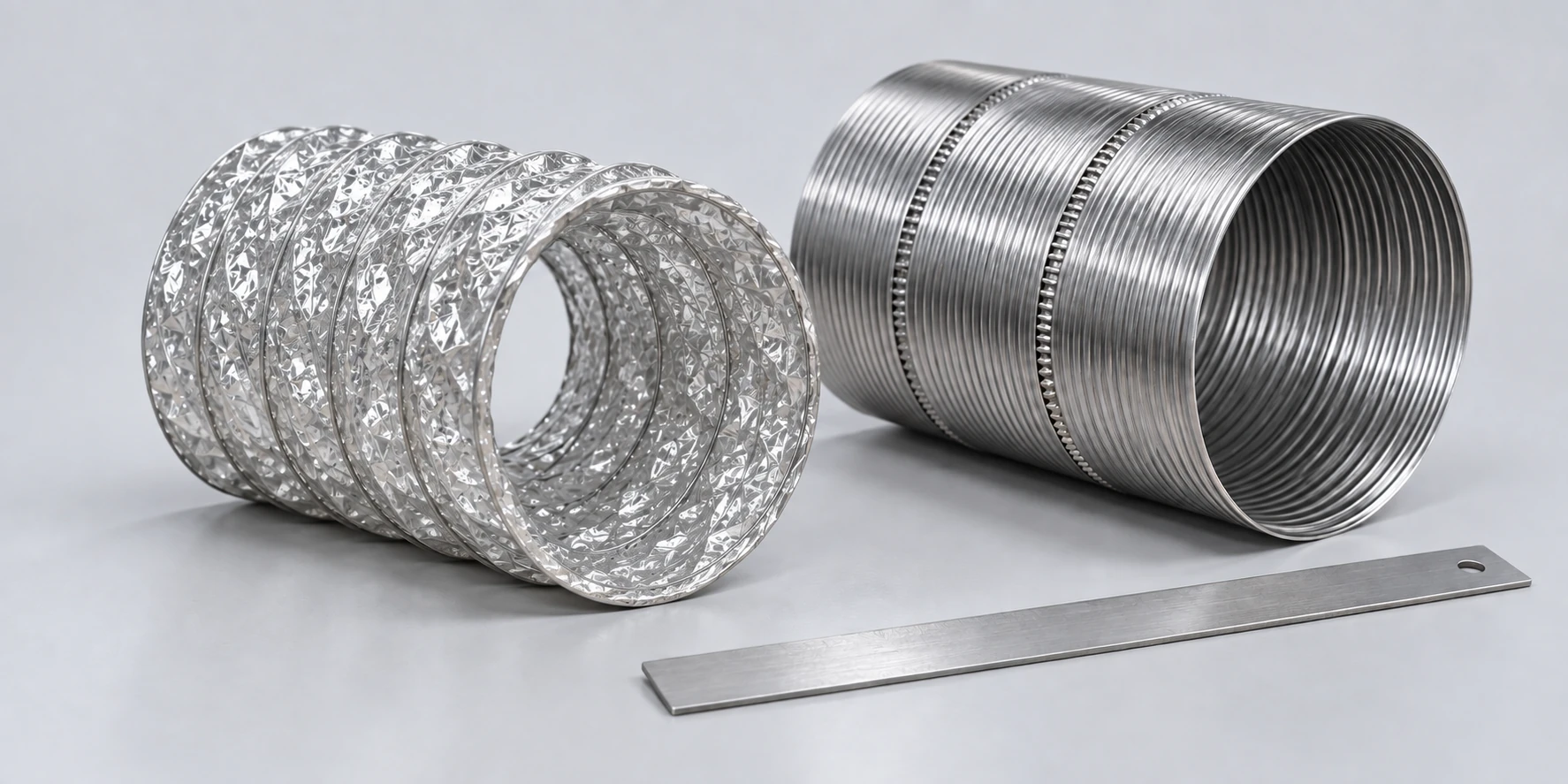 AI illustration of open flexible duct samples and a straightedge for construction review.