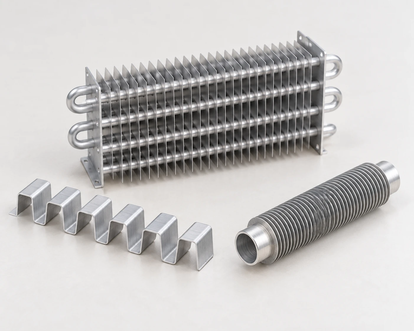 AI illustration comparing a folded-fin strip, a spiral-finned tube and an aluminum evaporator core as separate manufacturing routes.
