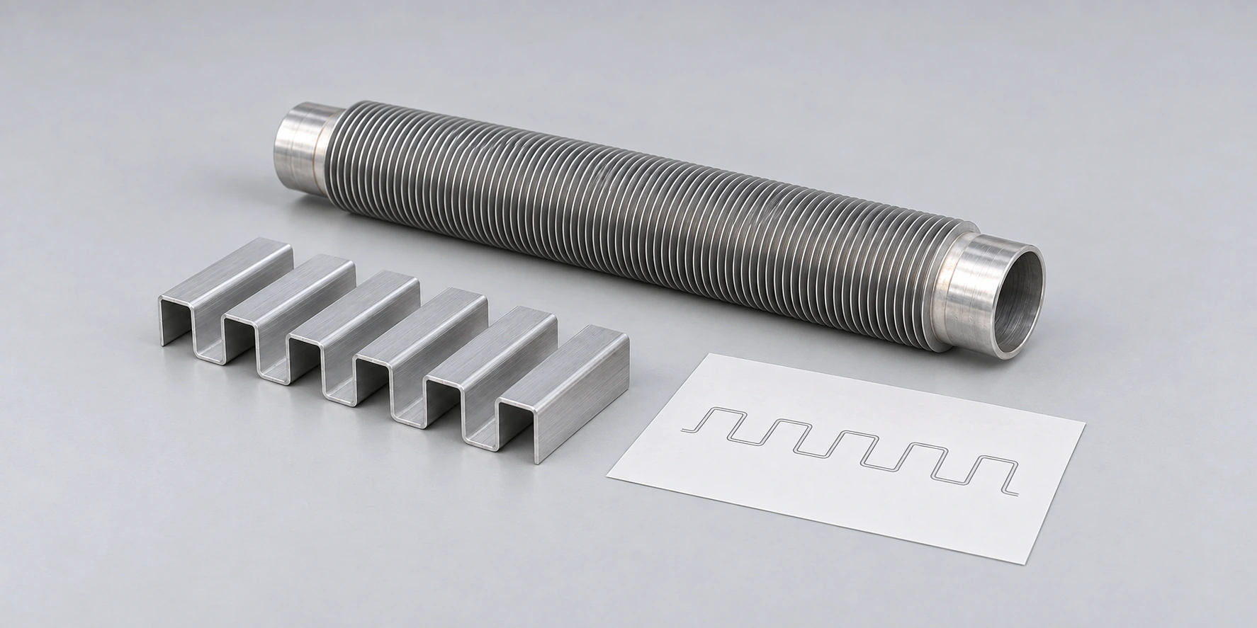 AI illustration of a folded-fin strip and a spiral-wound finned-tube sample prepared for technical review.