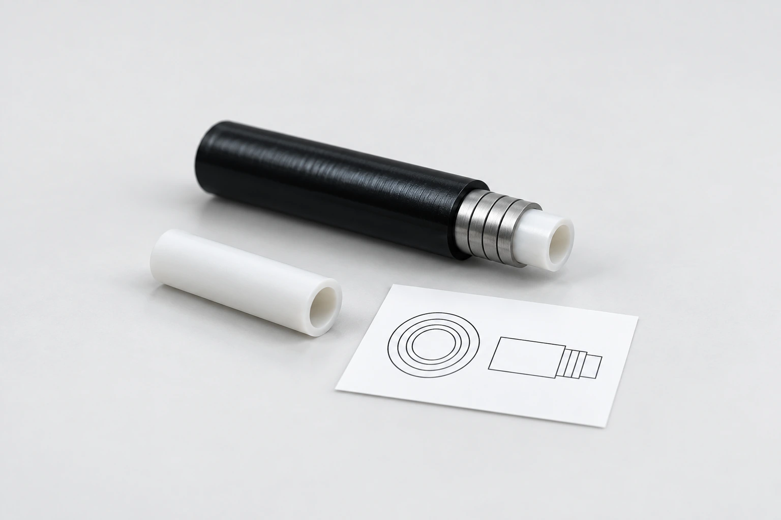 AI illustration of a hollow control-cable casing sample, liner and unnumbered section sketches for an equipment inquiry.