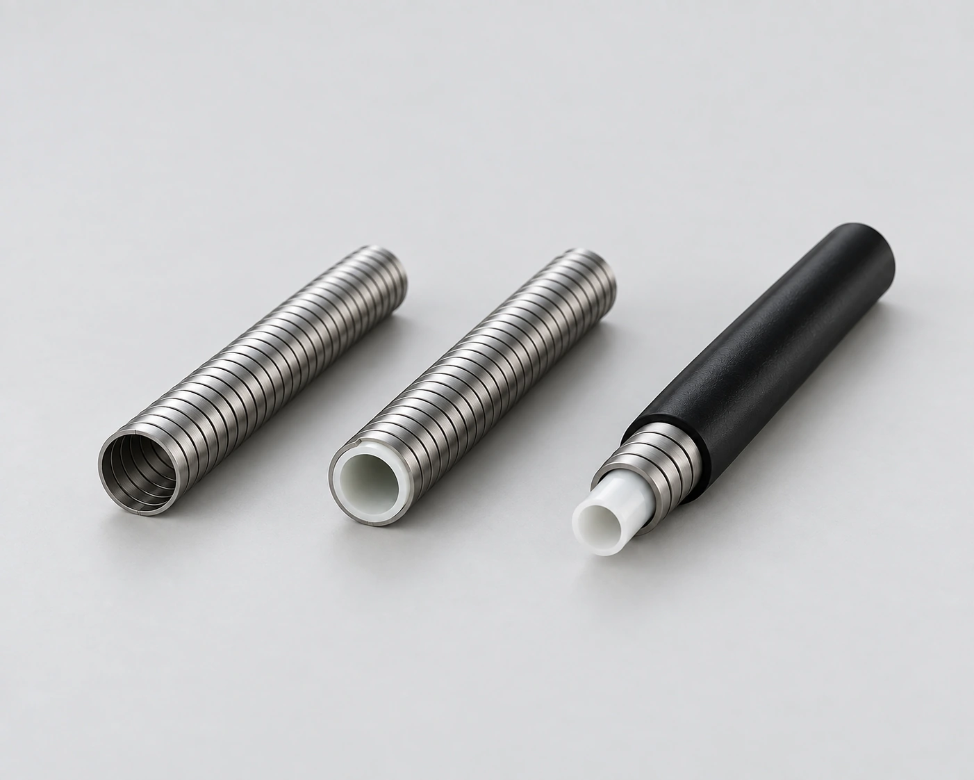 AI illustration of unlined, lined and covered hollow control-cable casing samples for selecting production stages.