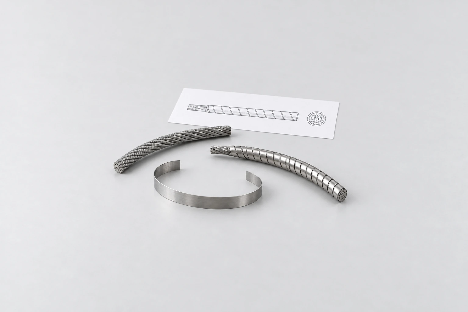 AI illustration of stranded steel rope, flat steel strip and an armor-wrapped push-pull inner core beside an unnumbered outline sketch.