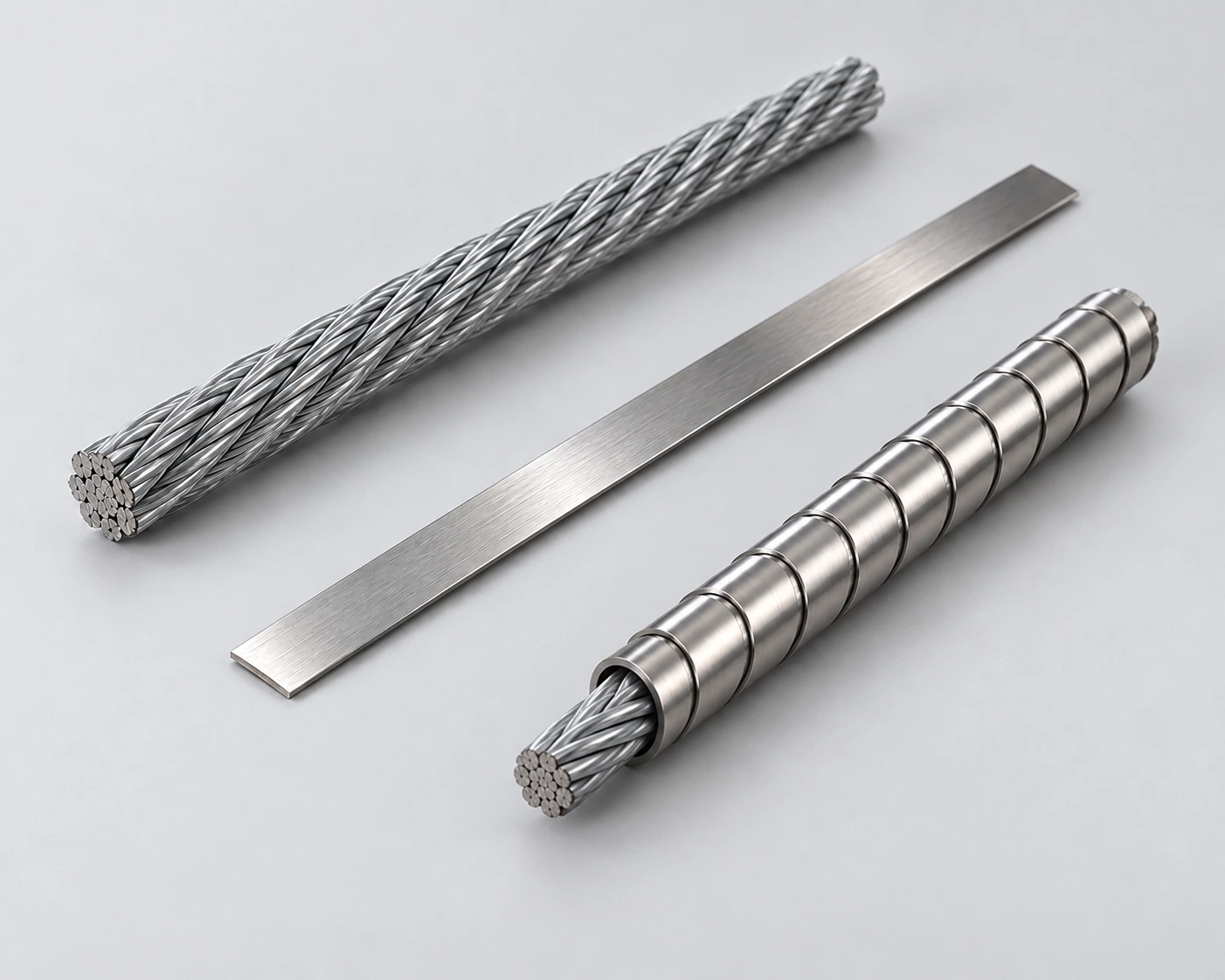 AI illustration of rope, flat strip and an armored rope-filled inner core for selecting push-pull cable forming equipment.