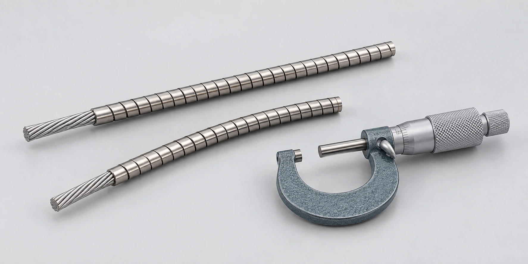 AI illustration of armored inner-core trial lengths and a separate micrometer for discussing profile and dimensional checks.