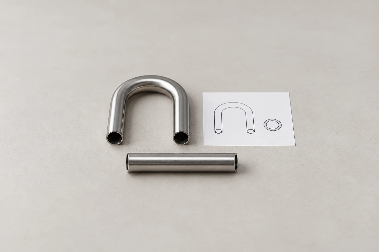 AI illustration of a U-bent tube, straight hollow sample and unnumbered drawing for a tube bending inquiry.