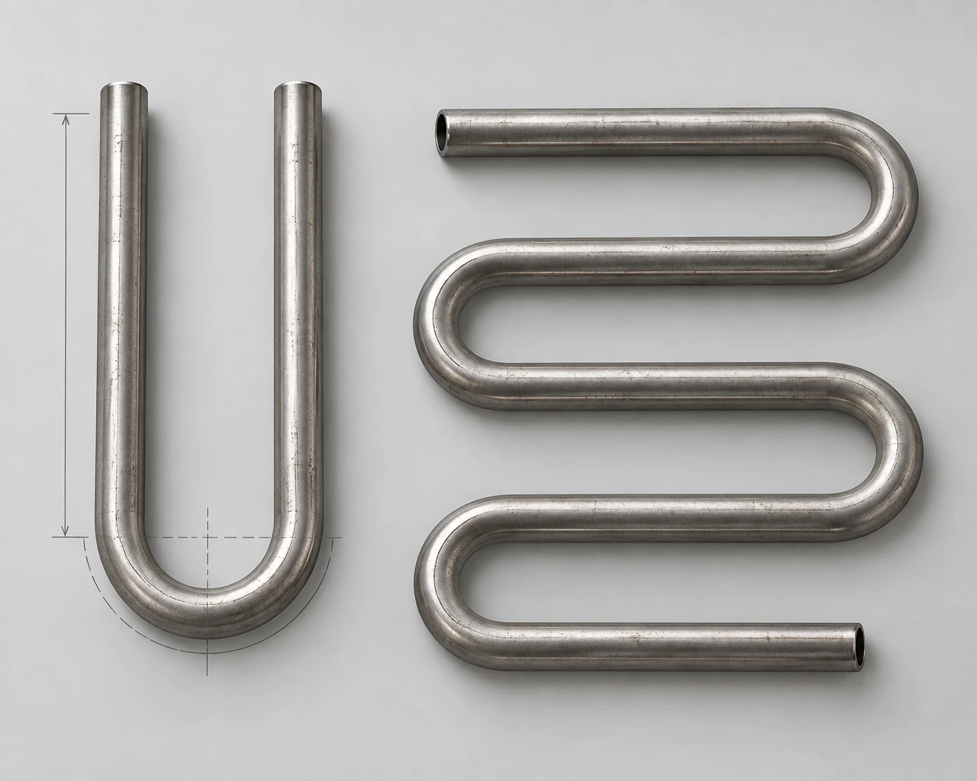 AI concept illustration of a U-shaped steel tube and a planar serpentine tube with geometry guides for bending selection; not a BOBO sample photograph.