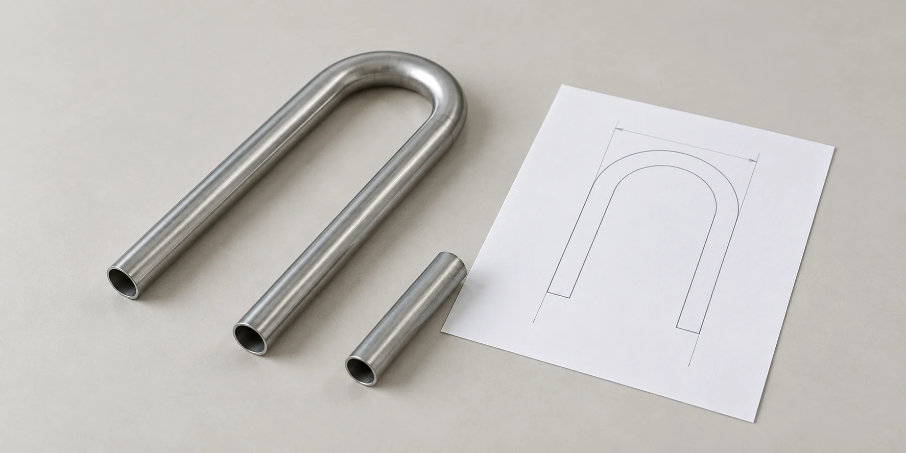 AI illustration of a U-shaped metal tube, straight hollow sample and unnumbered drawing for technical review.