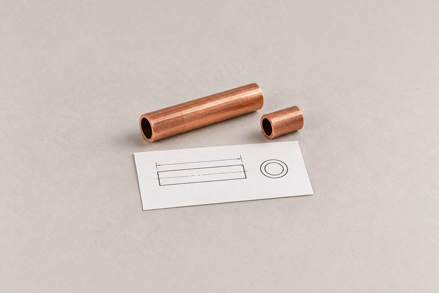 AI illustration of a copper tube sample, short hollow offcut and simple drawing for a tube cutting inquiry.