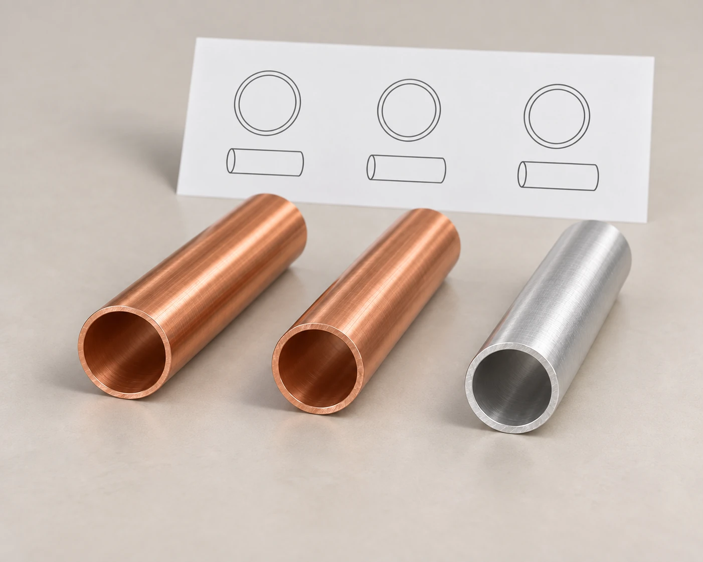AI illustration of copper and aluminum tube samples with different bore and wall proportions for cutting selection.