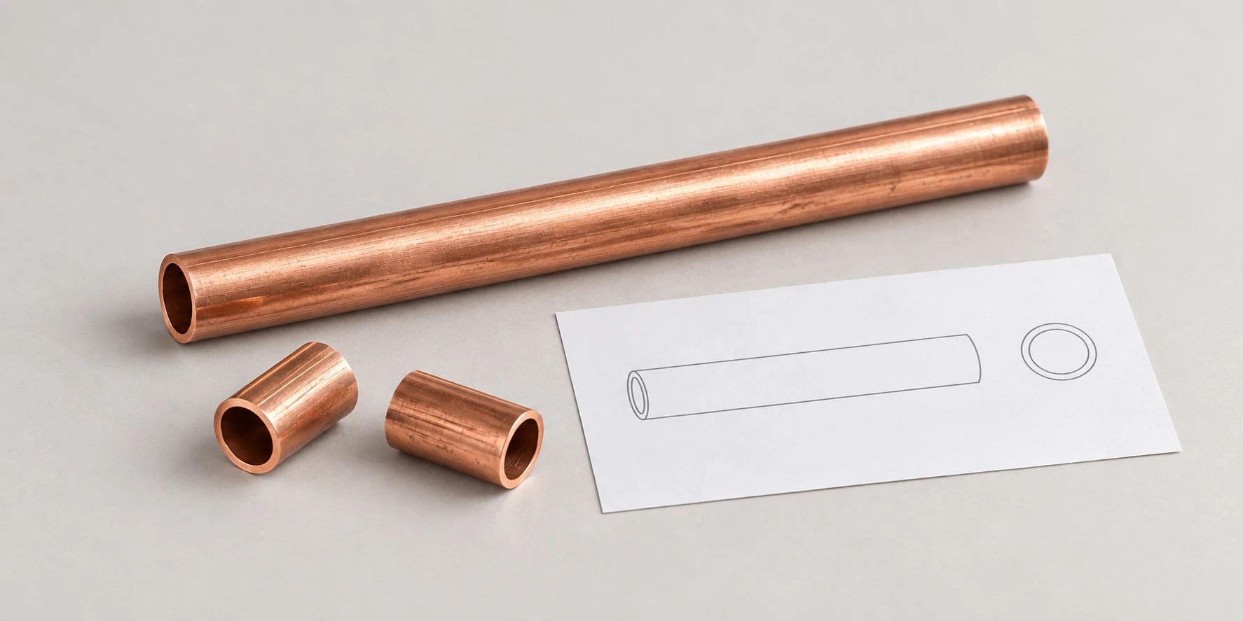 AI illustration of plain cut copper tube samples and an unnumbered section drawing for reviewing cut ends.