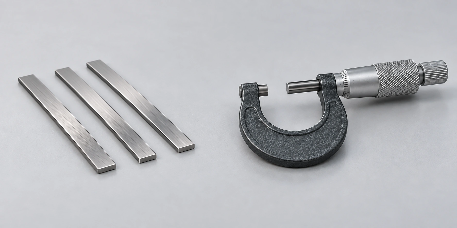 AI illustration of flat steel-wire samples beside an unused outside micrometer for discussing width, thickness and surface checks.